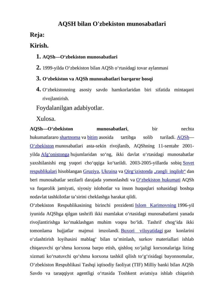 AQSH bilan O'zbekiston munosabatlari 1