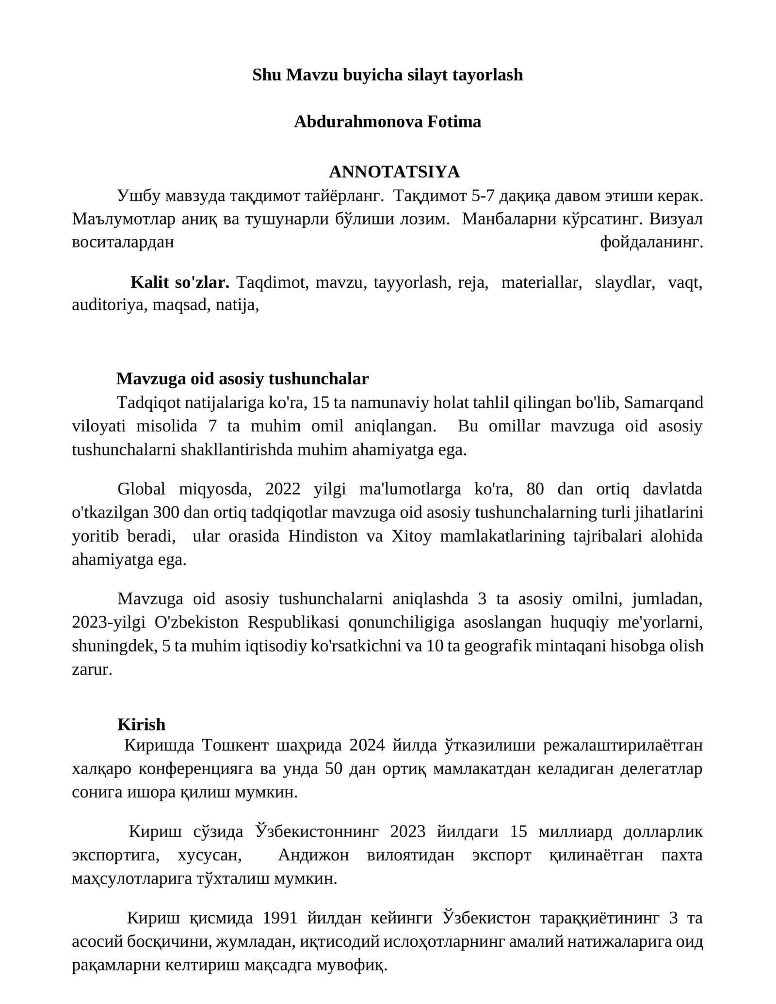 Shu Mavzu buyicha silayt tayorlash 1