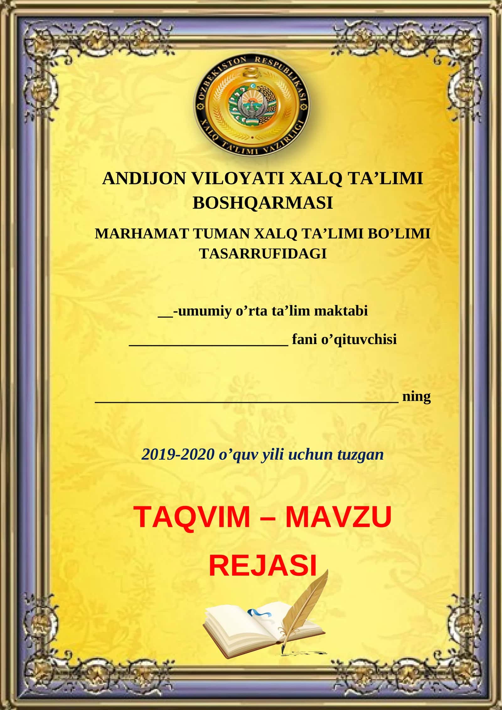 MAVZU TAQVIM – TAQVIM - MAVZU REJASI 1
