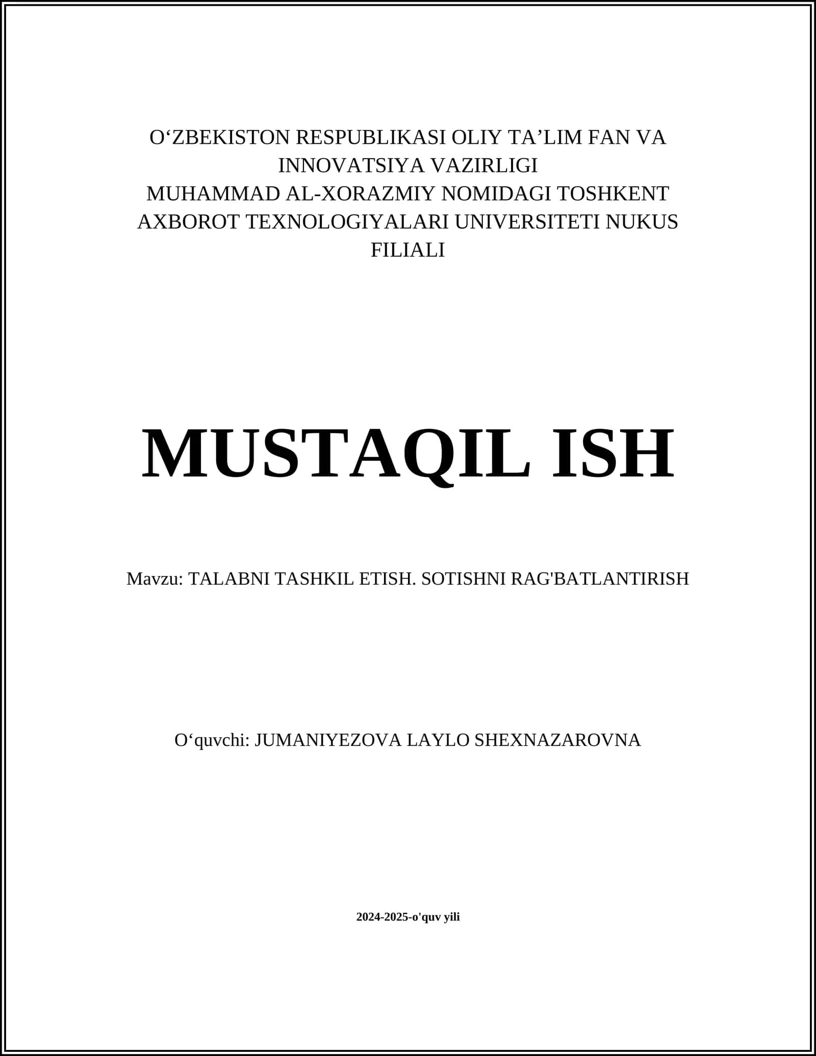 TALABNI TASHKIL ETISH. SOTISHNI RAG'BATLANTIRISH 1