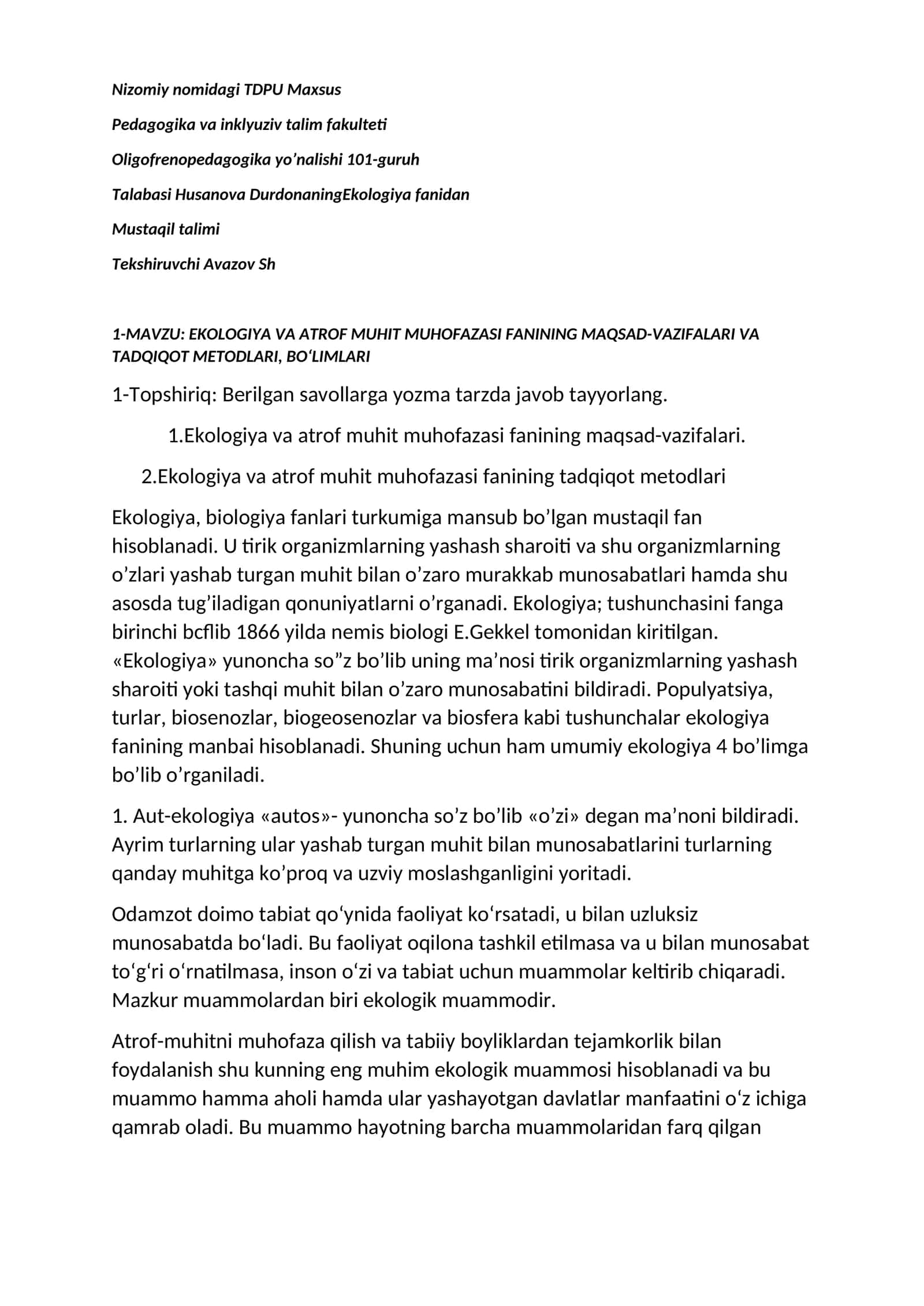 EKOLOGIYA VA ATROF MUHIT MUHOFAZASI FANINING MAQSAD-VAZIFALARI VA TADQIQOT METODLARI, BО‘LIMLARI 1