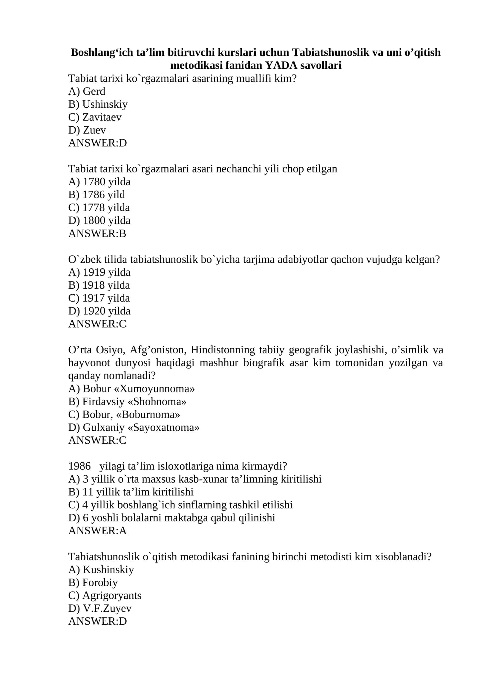 Tabiatshunoslik va uni o’qitish metodikasi fanidan test 1