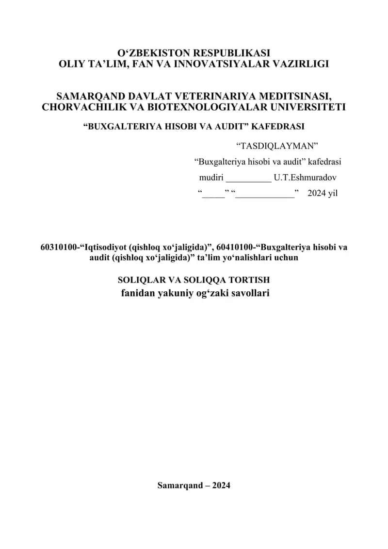 Buxgalteriya hisobi va audit Kafedrasi yakuniy test savollari 1