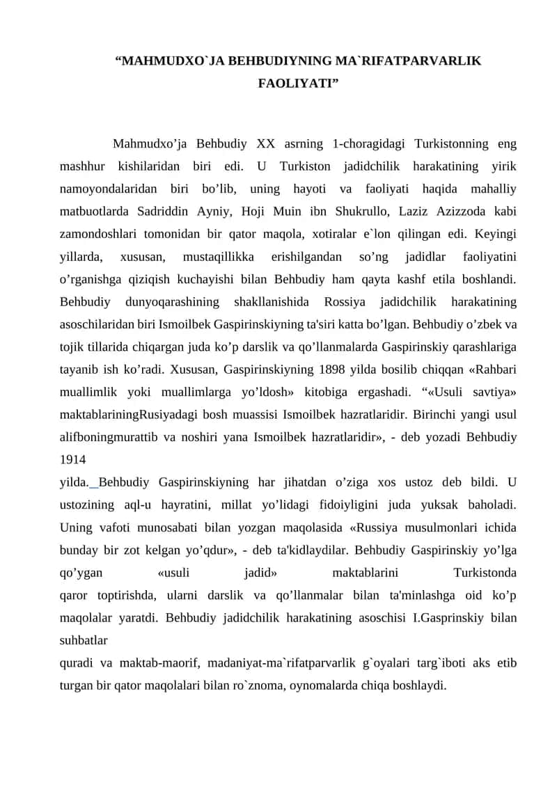 MAQOLA Mahmudxo`ja Behbudiyning ma`rifatparvarlik faoliyati 1