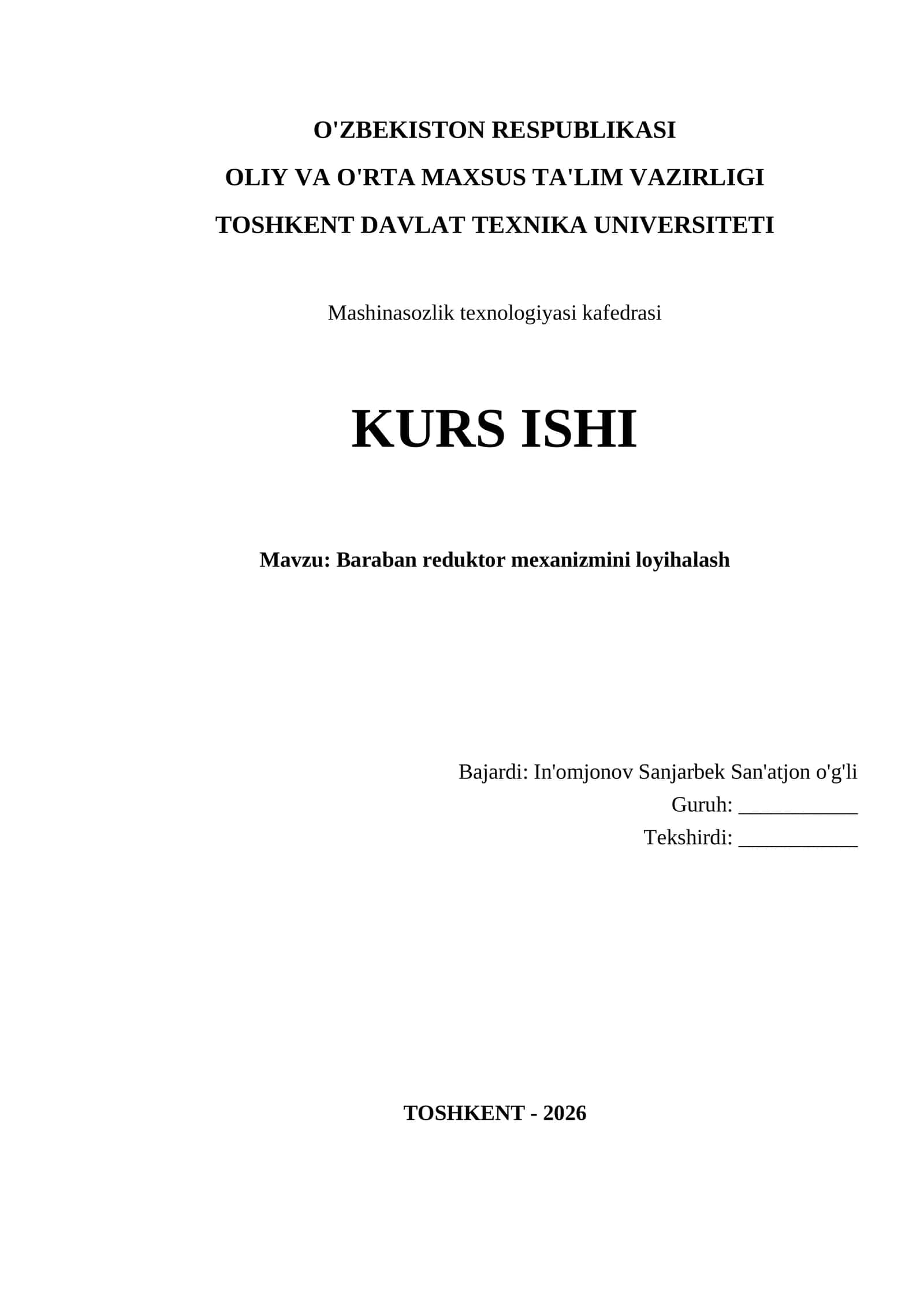 Baraban Reduktor Mexanizmini Loyihalash 1