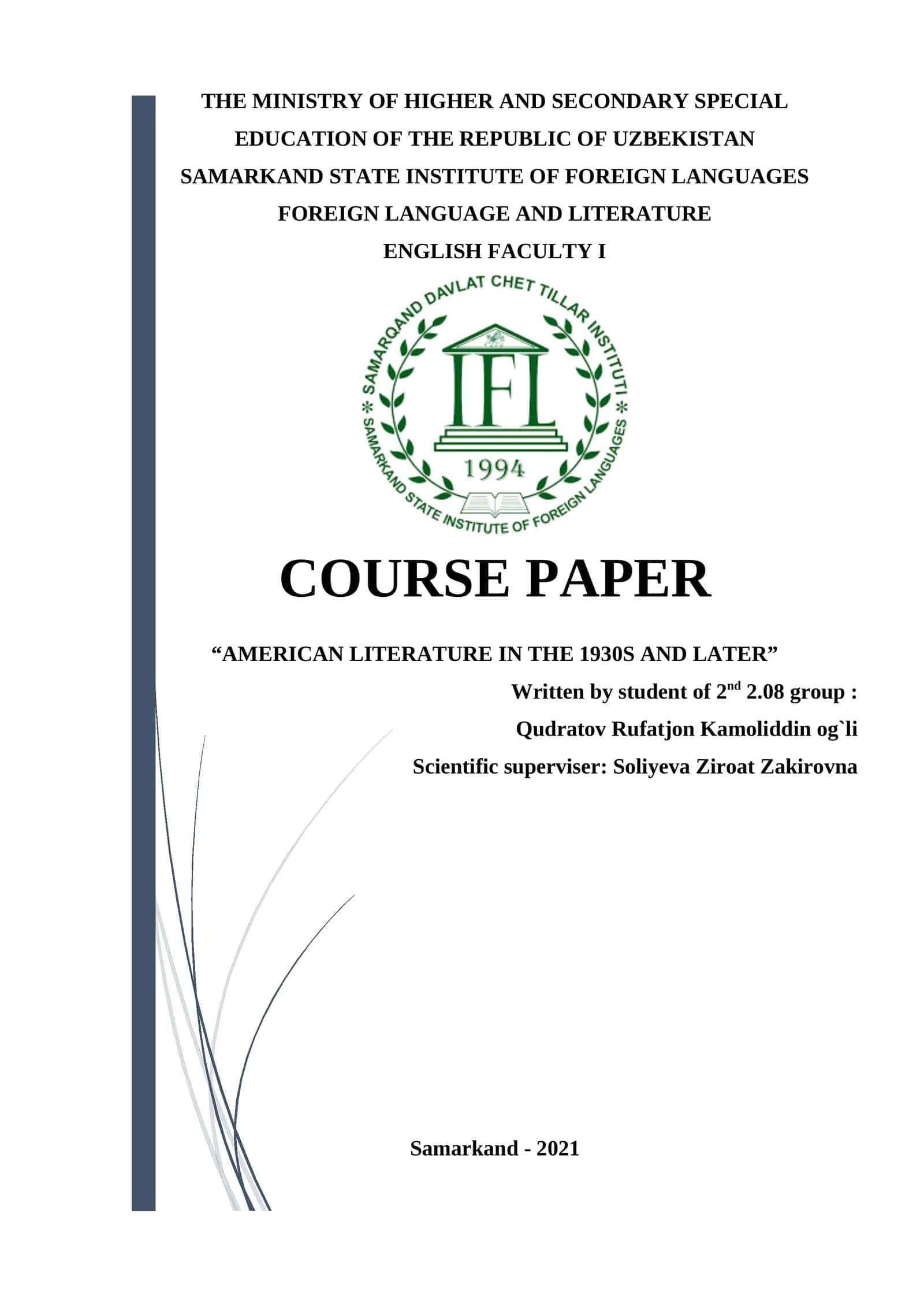 “AMERICAN LITERATURE IN THE 1930S AND LATER” 1