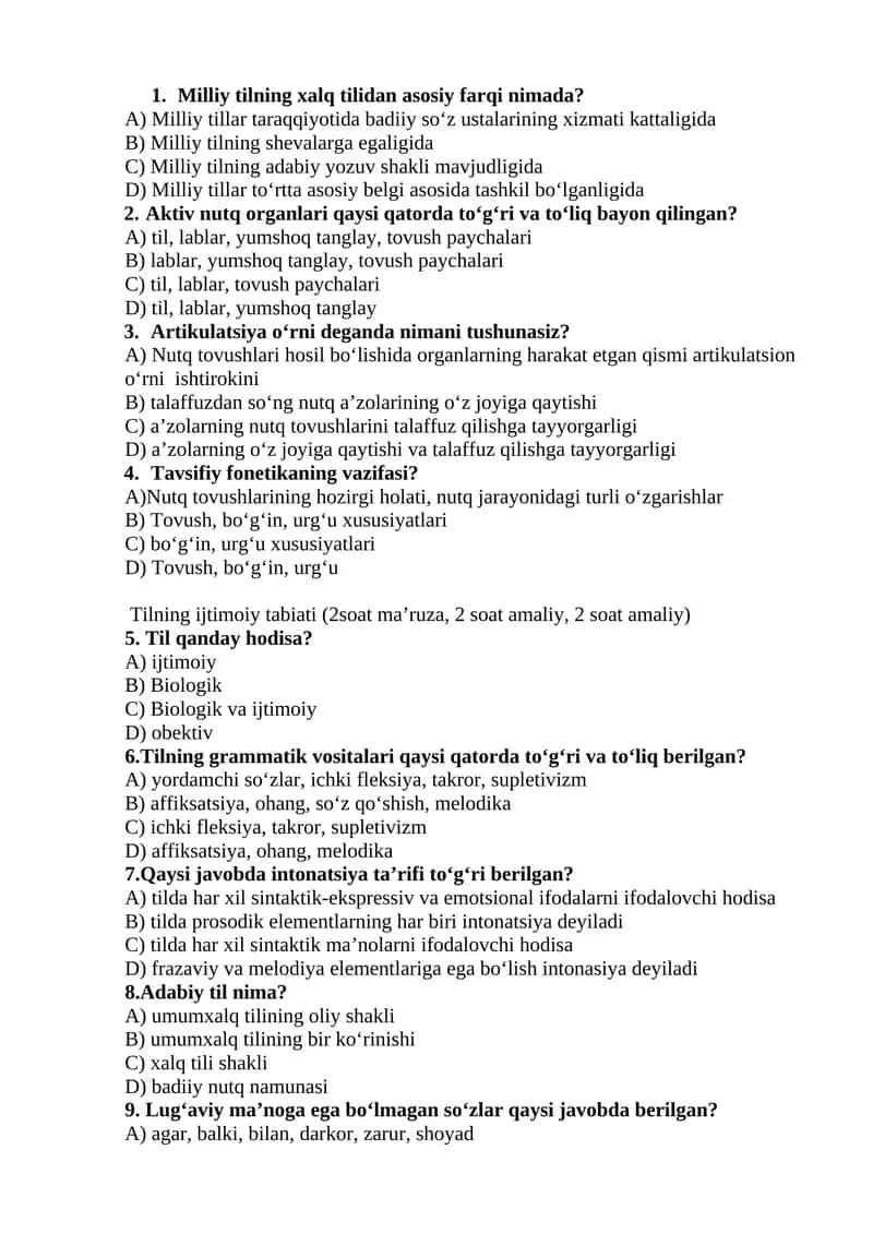 Tilshunoslik fanidan test savollari 1