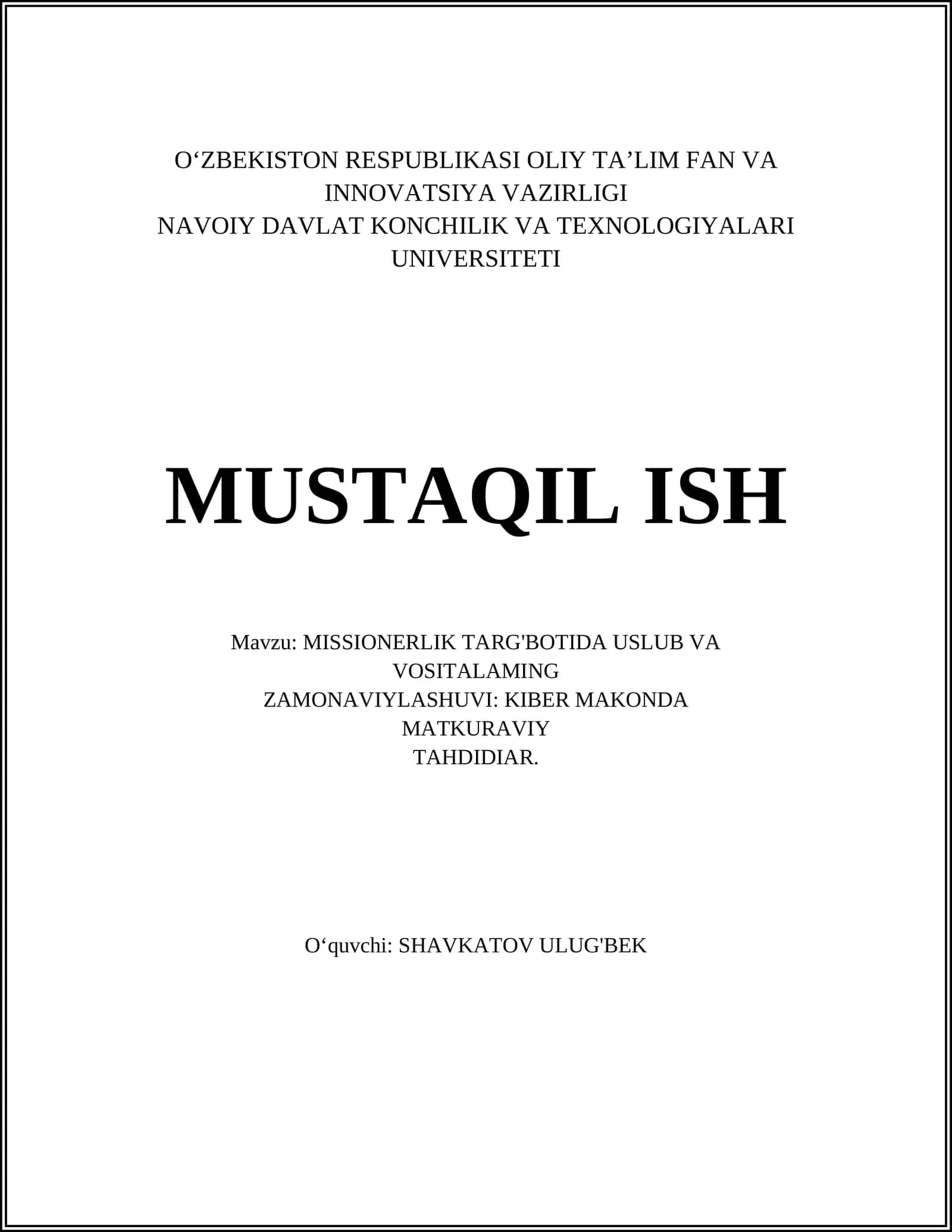 MISSIONERLIK TARG'BOTIDA USLUB VA VOSITALAMING 1