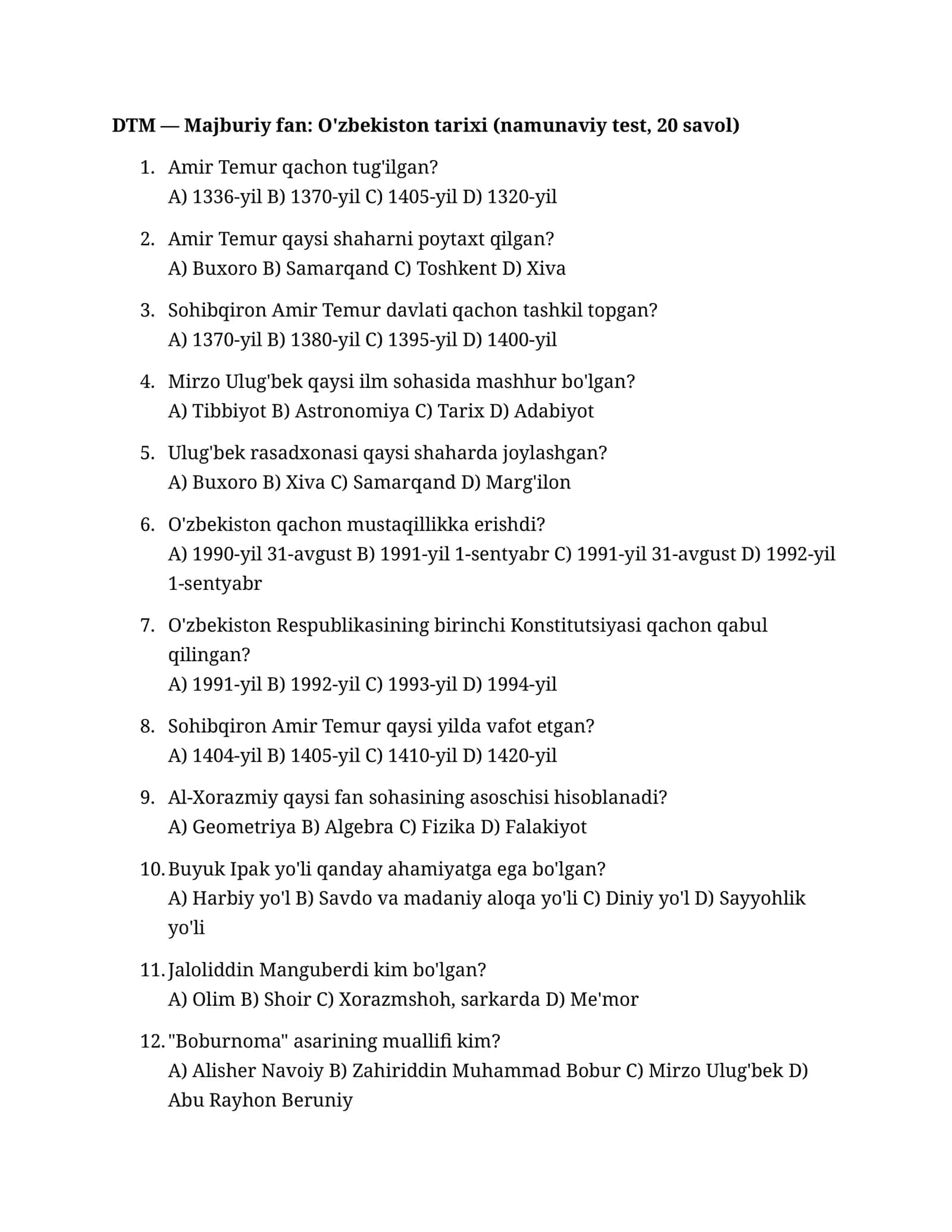O'zbekiston Tarixi (namunaviy test, 20 savol) 1