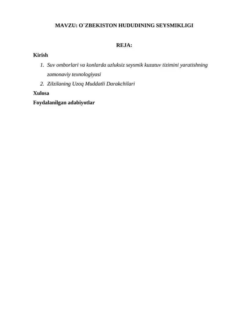 O`ZBEKISTON HUDUDINING SEYSMIKLIGI