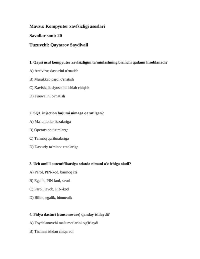 Kompyuter xavfsizligi asoslari 1