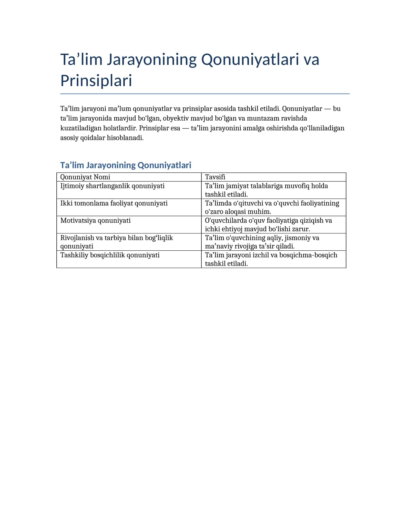 Taʼlim Jarayonining Qonuniyatlari va Prinsiplari 1