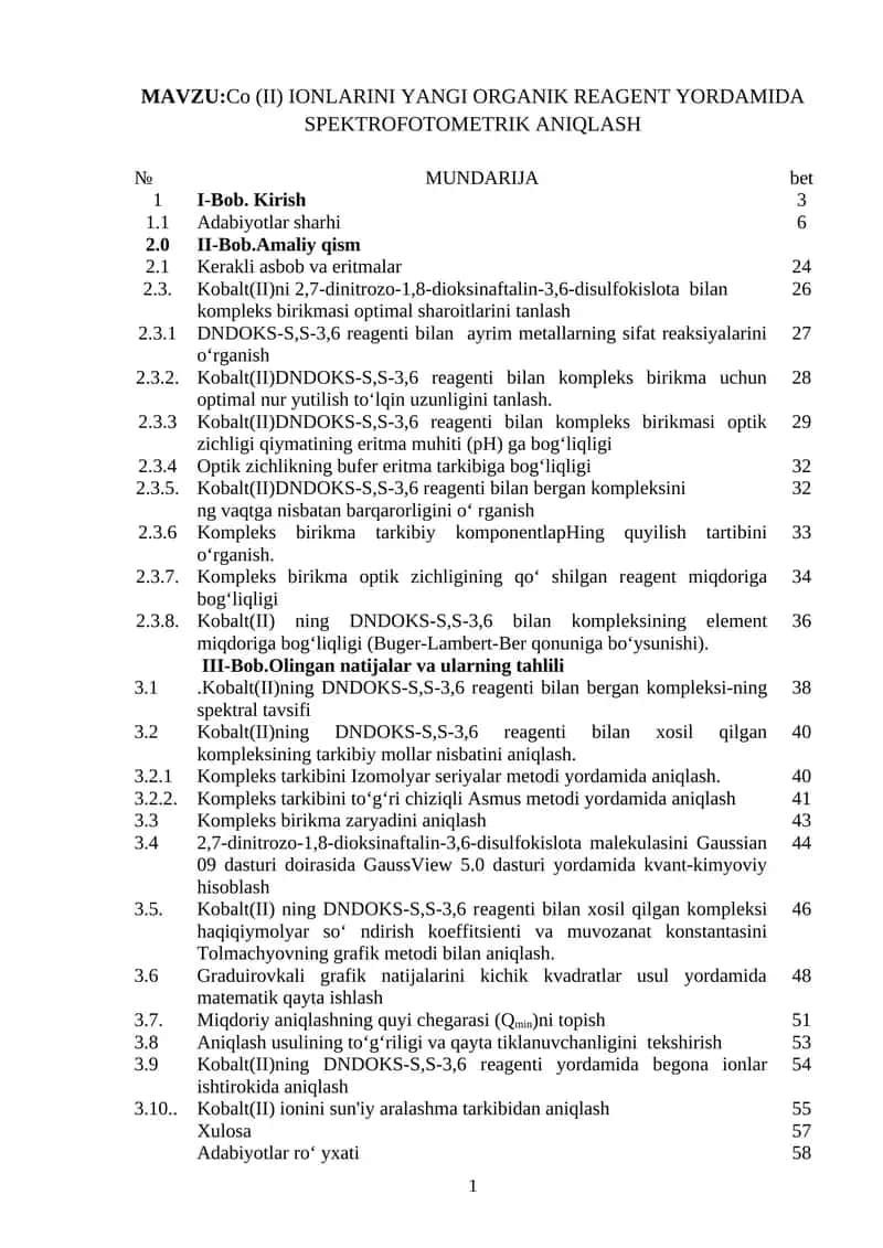 Co (II) IONLARINI YANGI ORGANIK REAGENT YORDAMIDA SPEKTROFOTOMETRIK ANIQLASH 1
