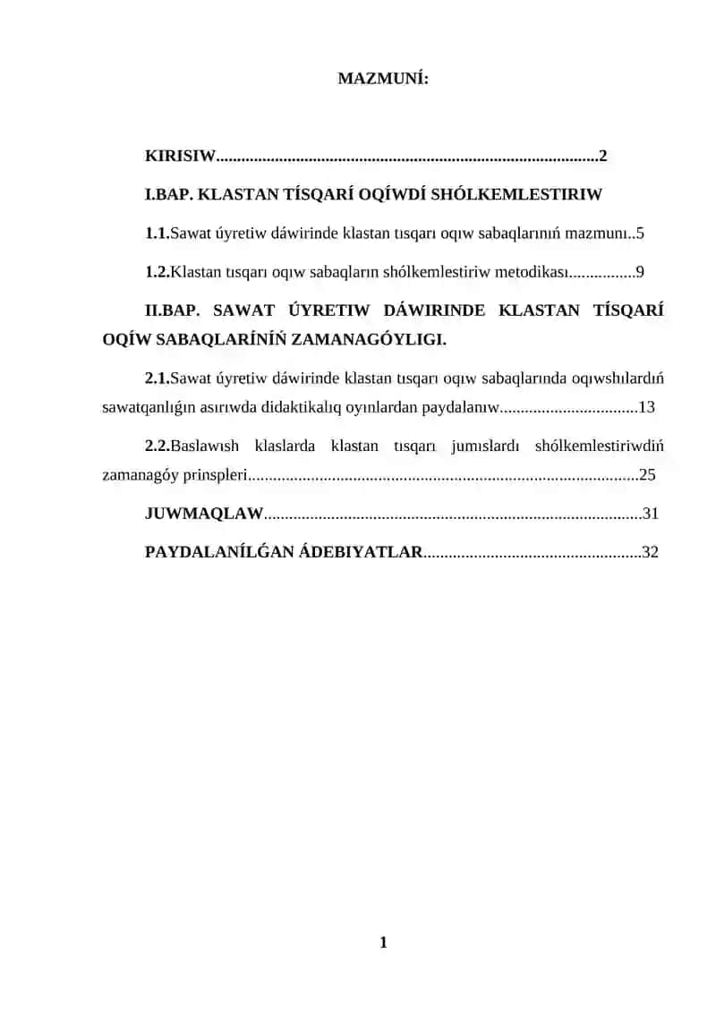 Sawat úyretiw dáwirinde klastan tıs jumıslar kurs jumısı