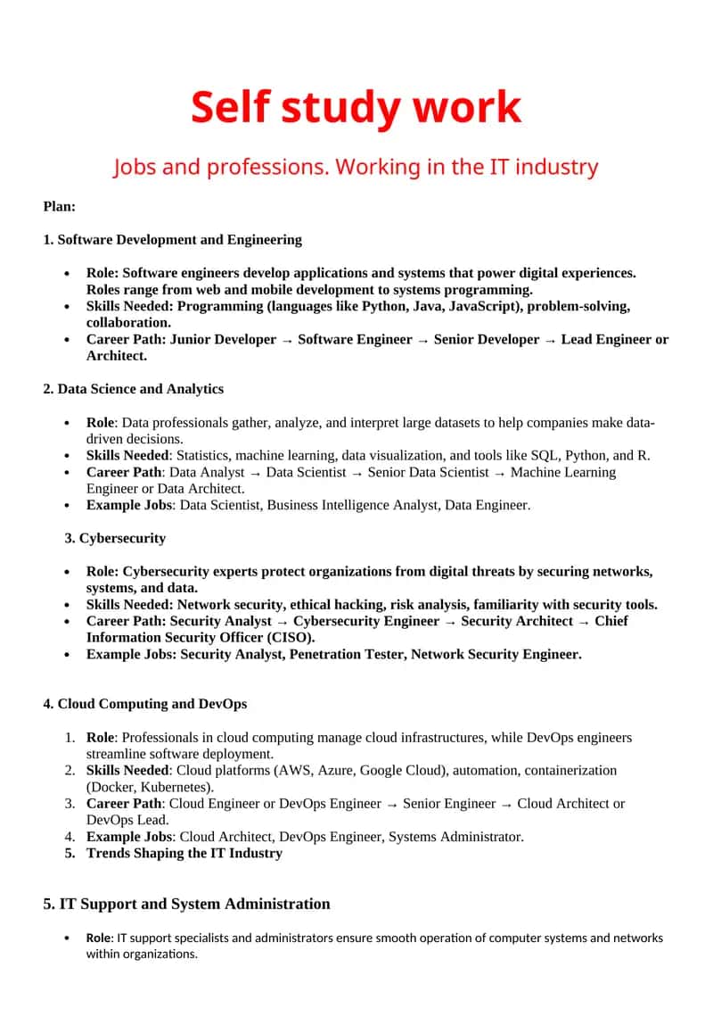 Jobs and professions. Working in the IT industry 1
