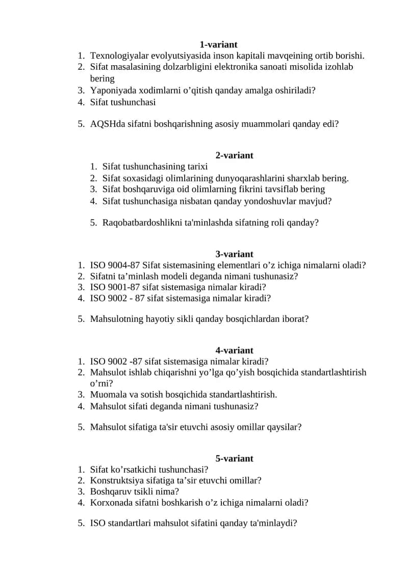 ISO 9002 -87 sifat sistemasiga nimalar kiradi? 1