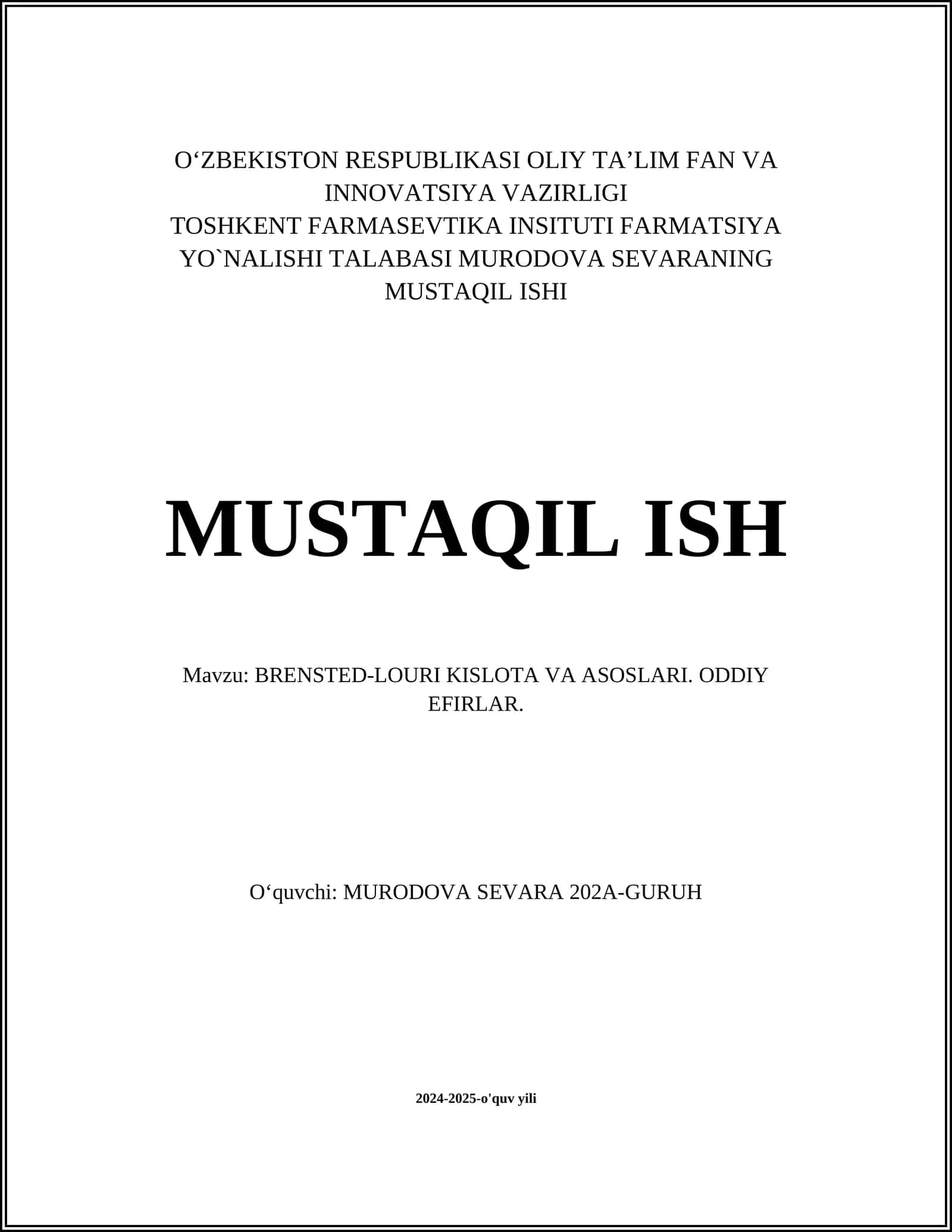BRЕNSTЕD-LOURI KISLOTA VA ASOSLARI. ODDIY EFIRLAR 1