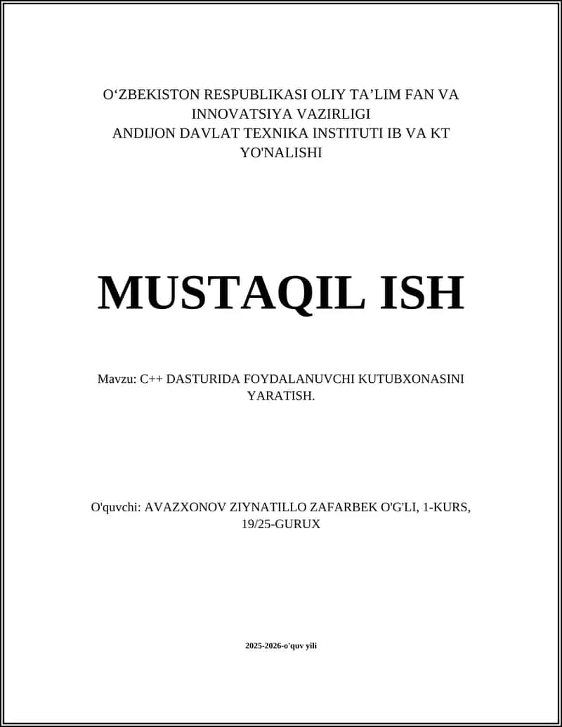 C++ DASTURIDA FOYDALANUVCHI KUTUBXONASINI YARATISH 1