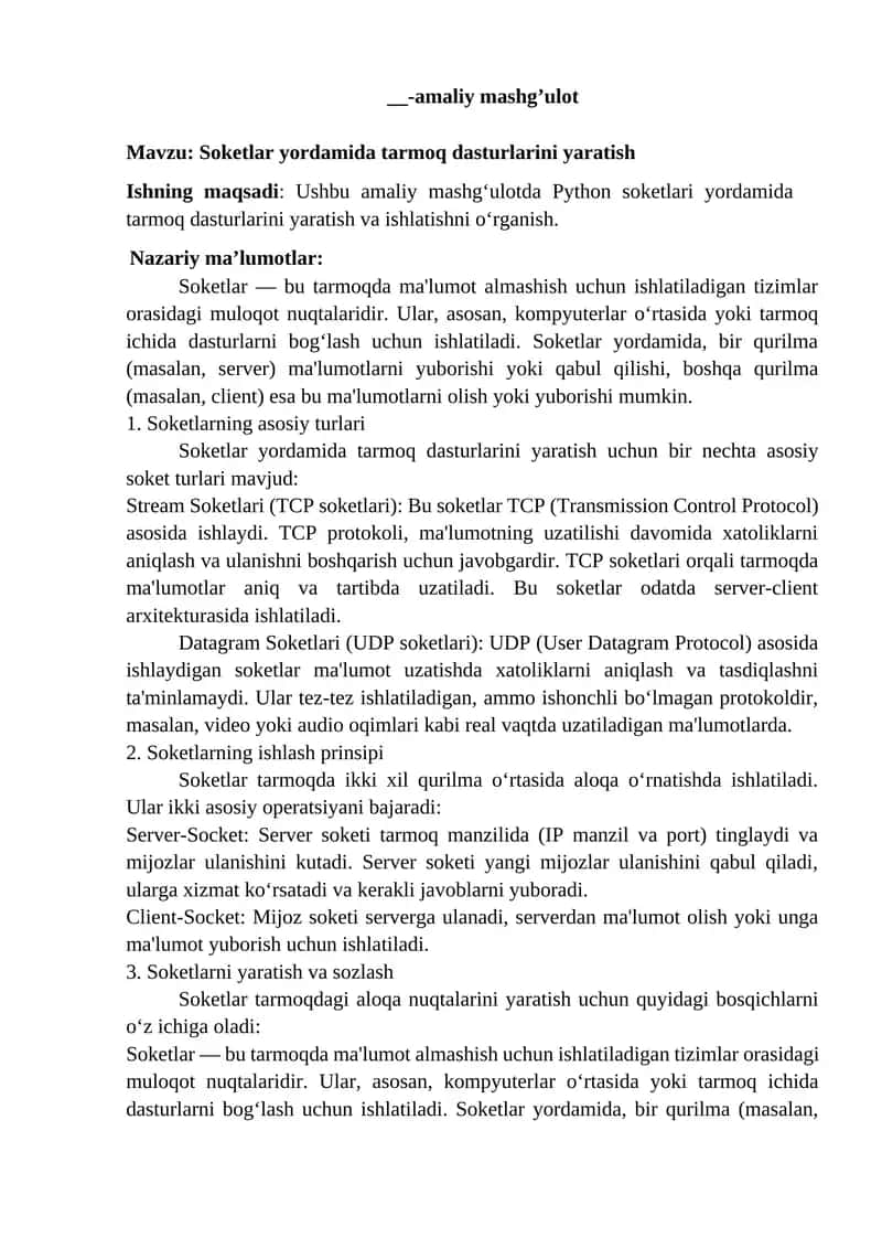 Soketlar yordamida tarmoq dasturlarini yaratish 1