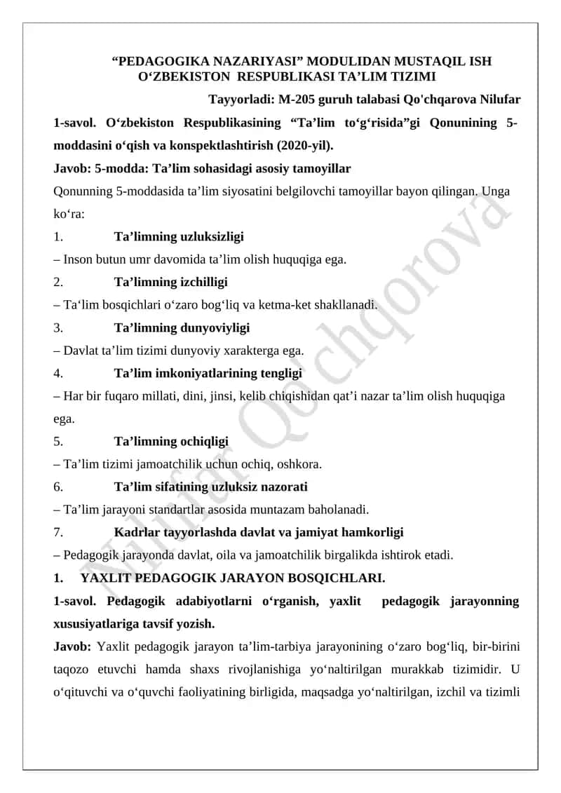PEDAGOGIKA NAZARIYASI MODULIDAN MUSTAQIL ISH 1