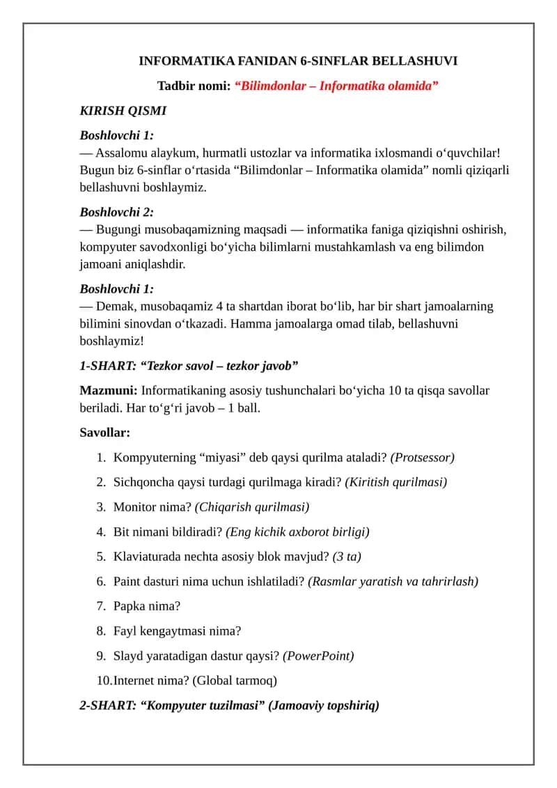 INFORMATIKA FANIDAN 6-SINFLAR BELLASHUVI 1