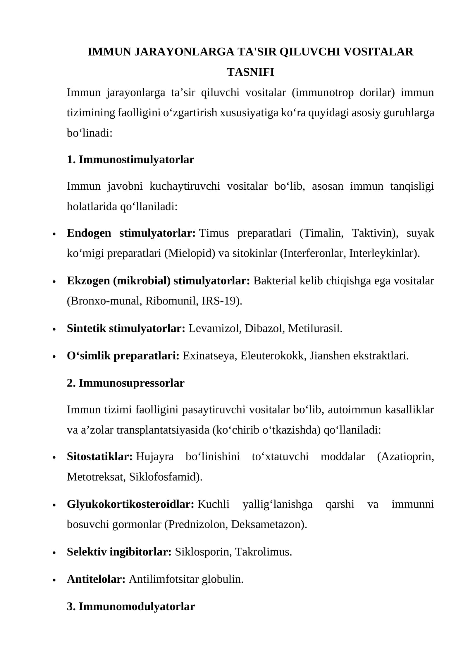 Immun jarayonlarga ta'sir qiluvchi vositalar tasnifi 1