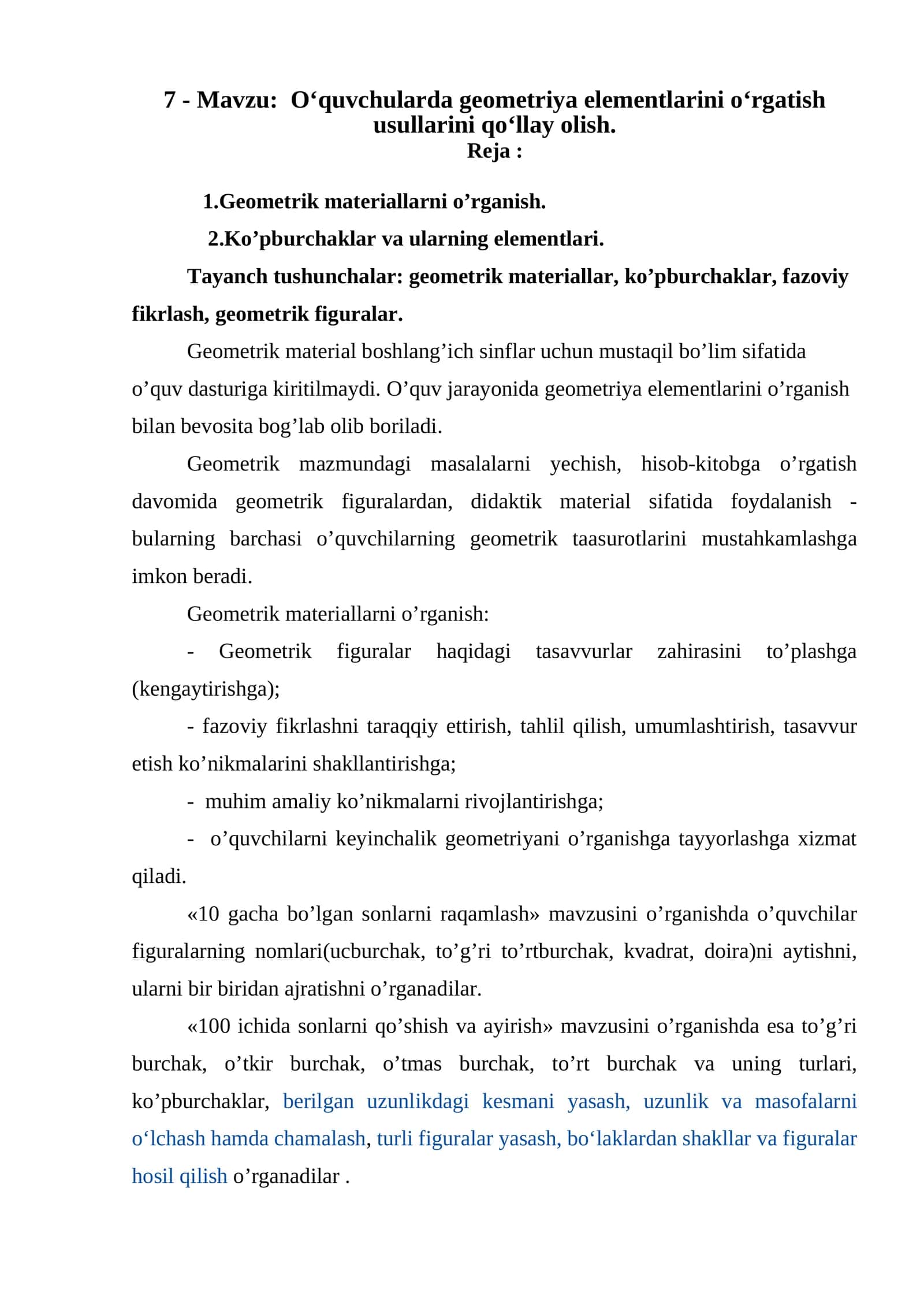 Geometriya elementlarini o‘rgatish usullari 1