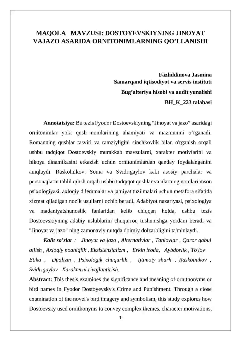DOSTOYEVSKIYNING JINOYAT VAJAZO ASARIDA ORNITONIMLARNING QO’LLANISHI