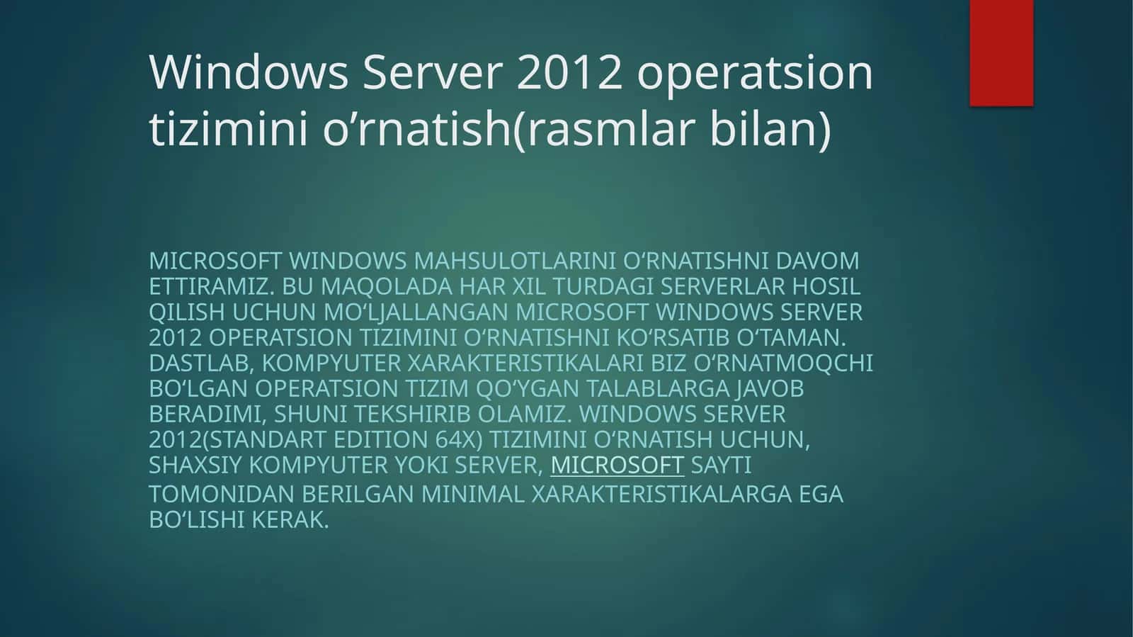 Windows Server 2012 operatsion tizimini o'rnatish 1