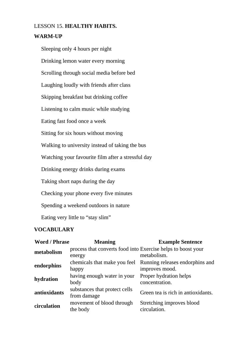 LESSON 15. HEALTHY HABITS 1