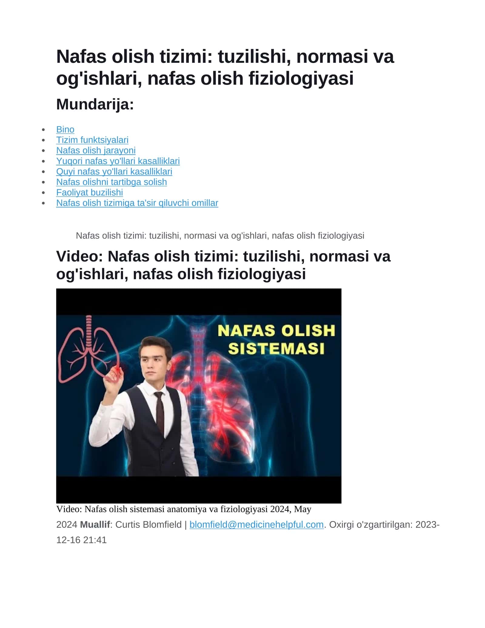 Nafas olish tizimi: tuzilishi, normasi va og'ishlari, nafas olish fiziologiyasi 1