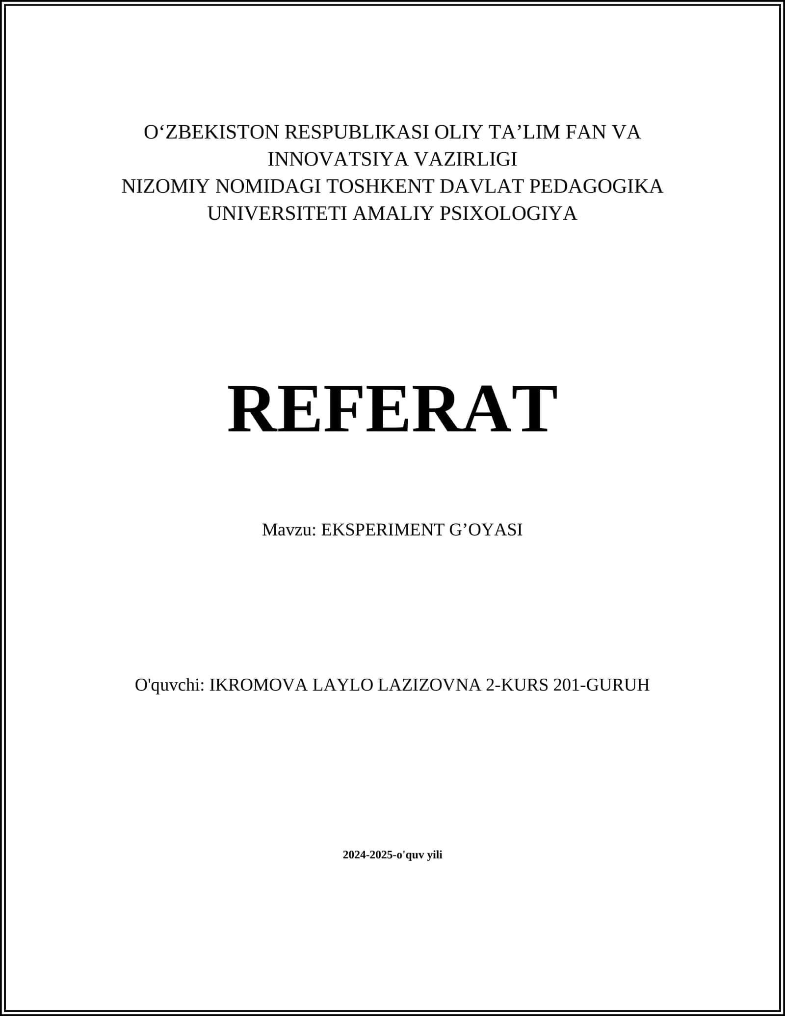 EKSPERIMENT G’OYASI 1