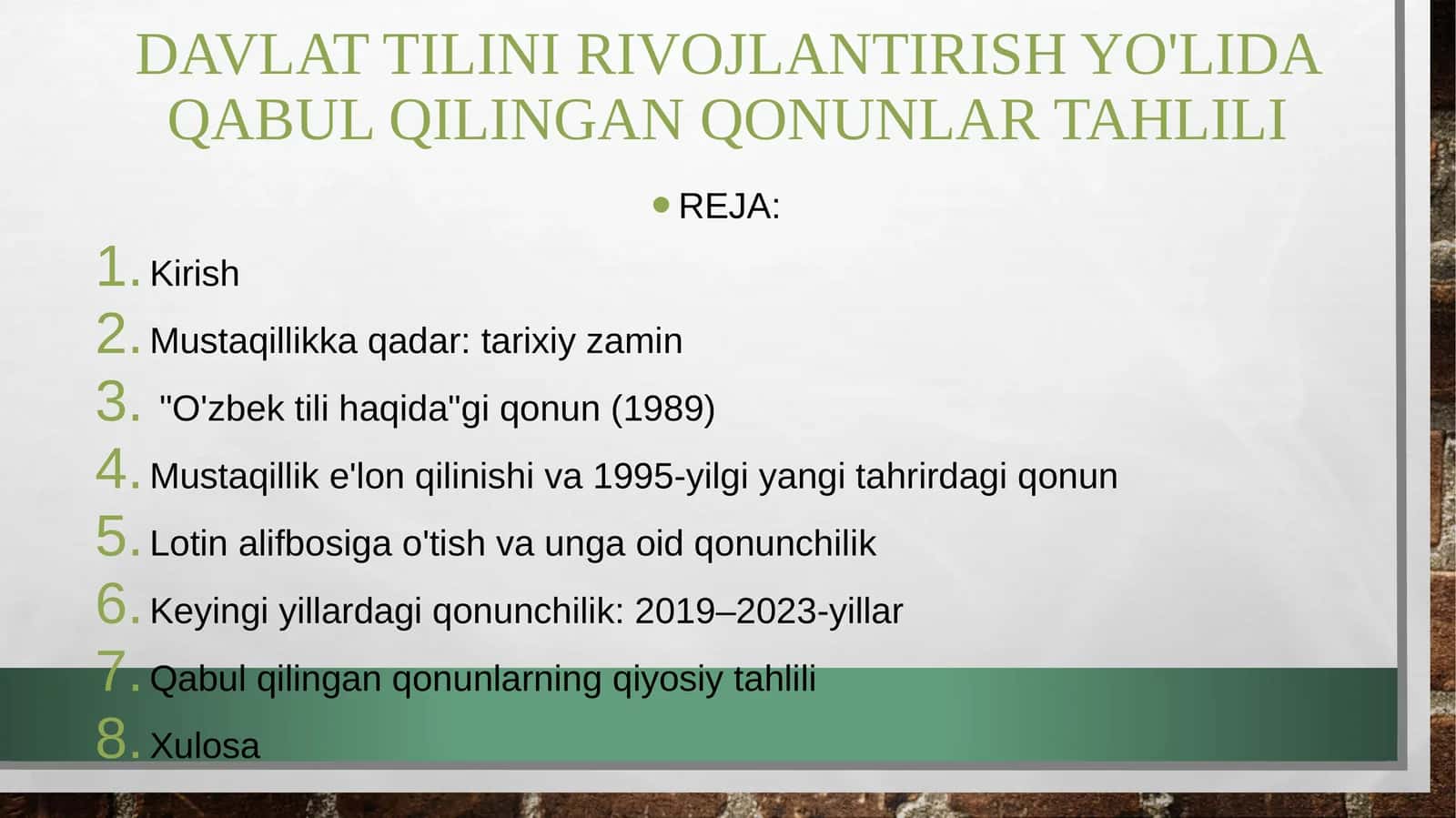 davlat tilini rivojlantirish yoʻlida qabul qilingan qonunlar 1