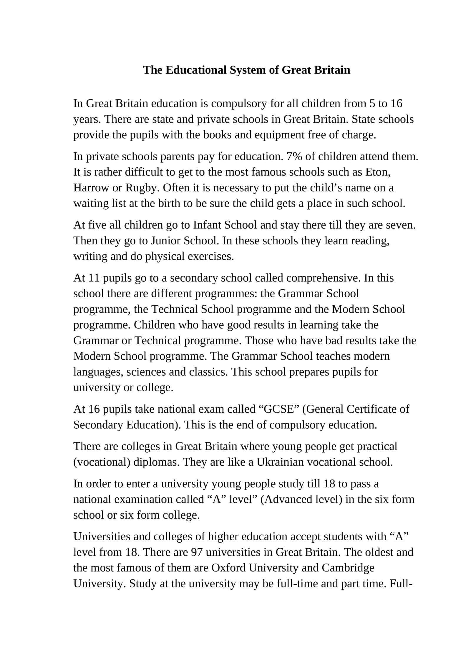 The Educational System of Great Britain 1