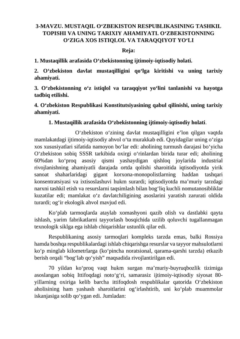MUSTAQIL O‘ZBEKISTON RESPUBLIKASINING TASHKIL TOPISHI VA UNING TARIXIY AHAMIYATI 1