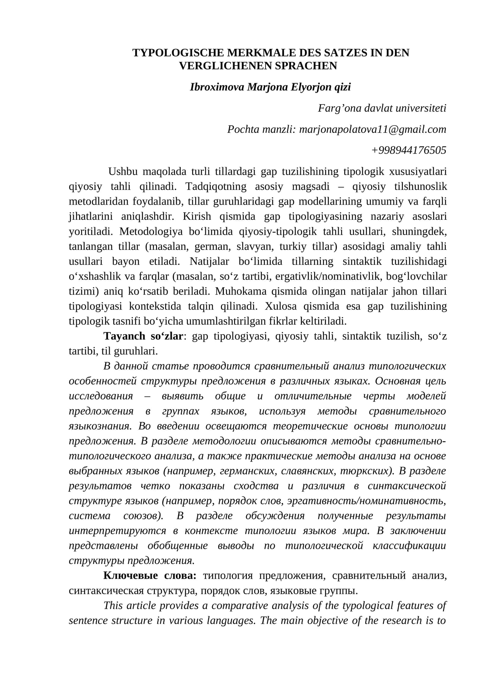 TYPOLOGISCHE MERKMALE DES SATZES IN DEN VERGLICHENEN SPRACHEN 1