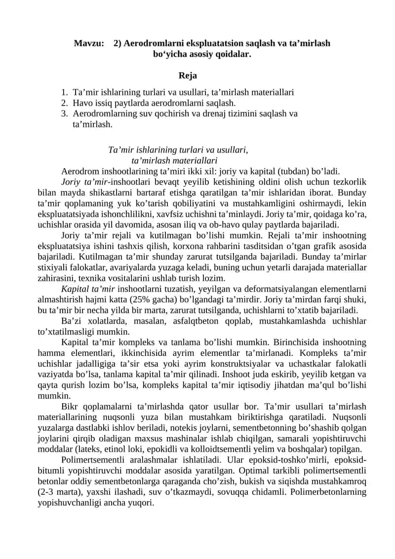 Aerodromlarni ekspluatatsion saqlash va ta’mirlash bo‘yicha asosiy qoidalar 1
