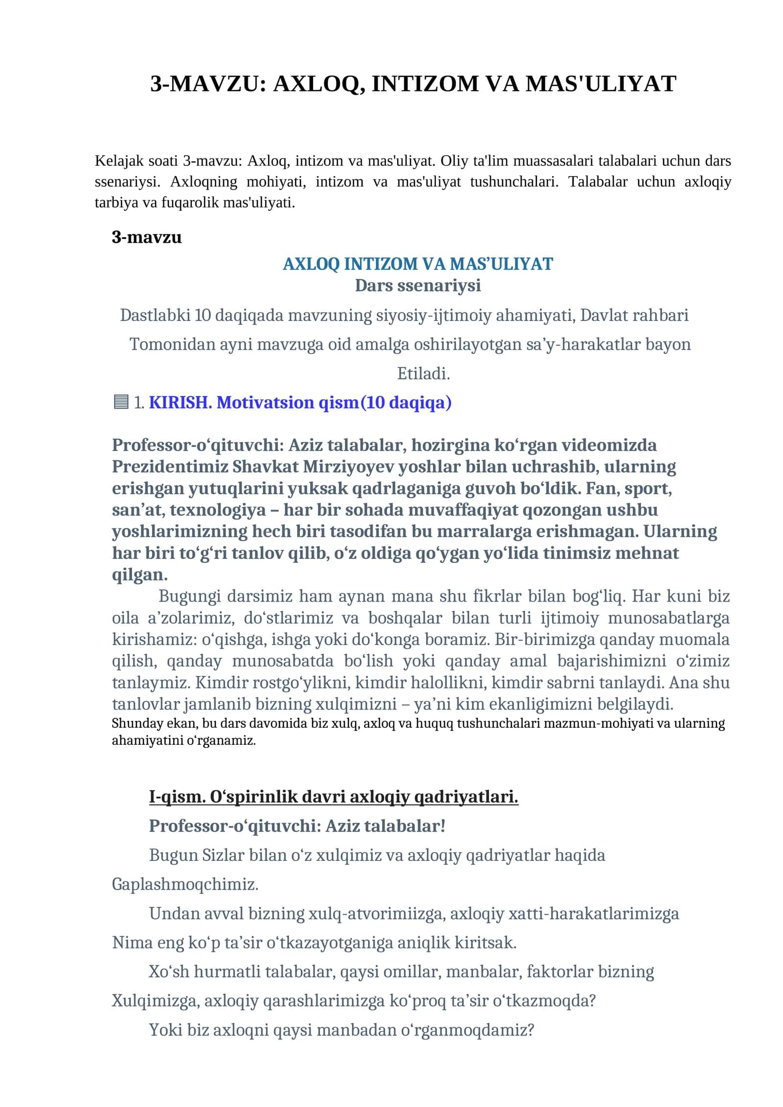 AXLOQ, INTIZOM VA MAS'ULIYAT 1