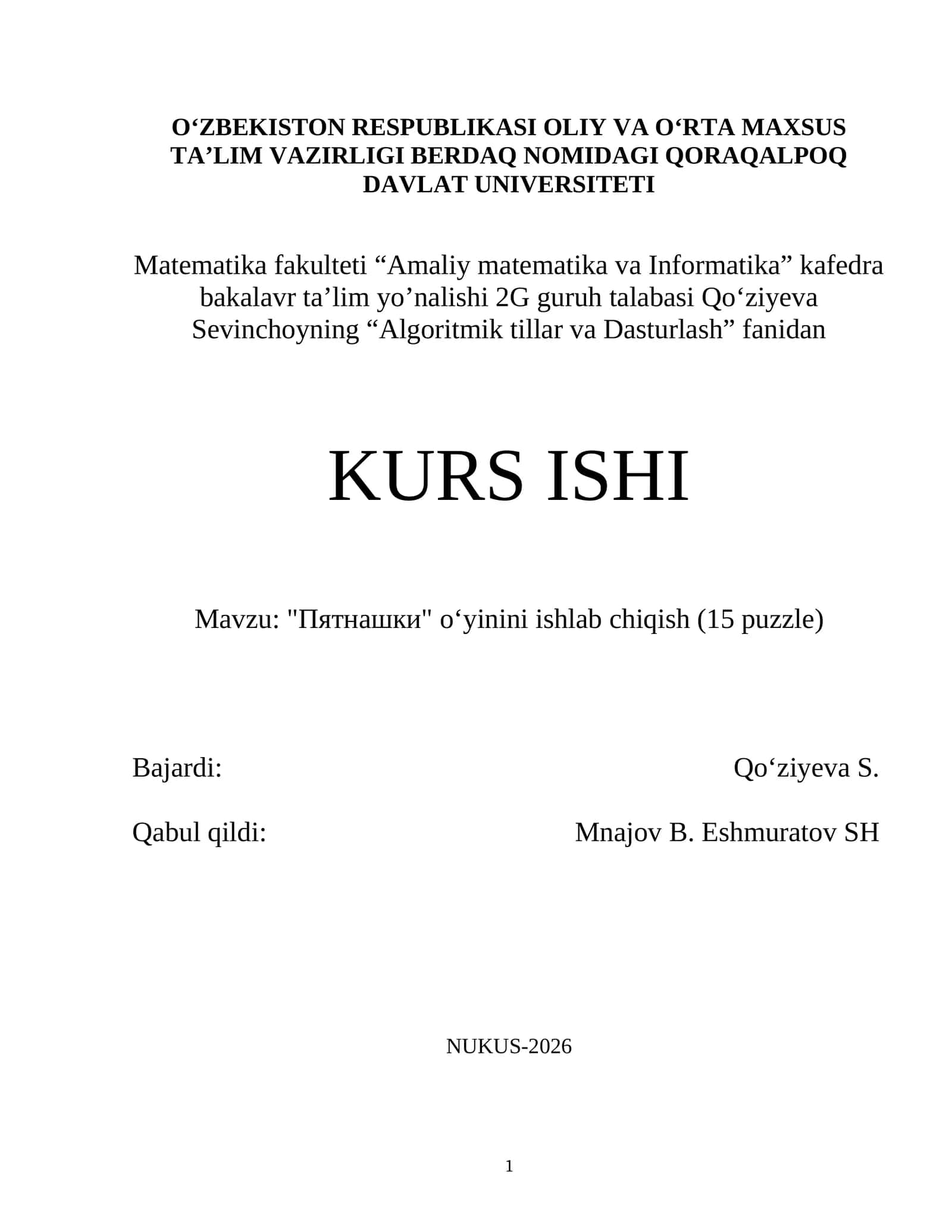 "Пятнашки" oʻyinini ishlab chiqish (15 puzzle) 1
