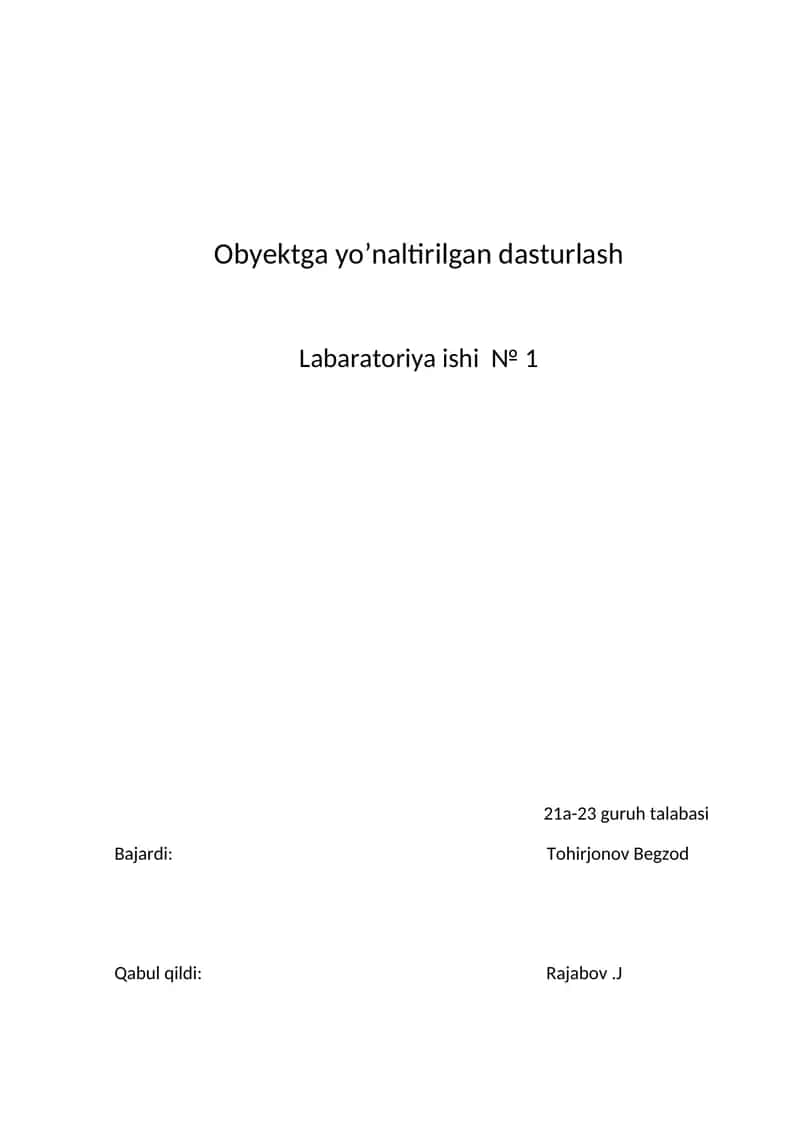 Obyektga yo’naltirilgan dasturlash 1