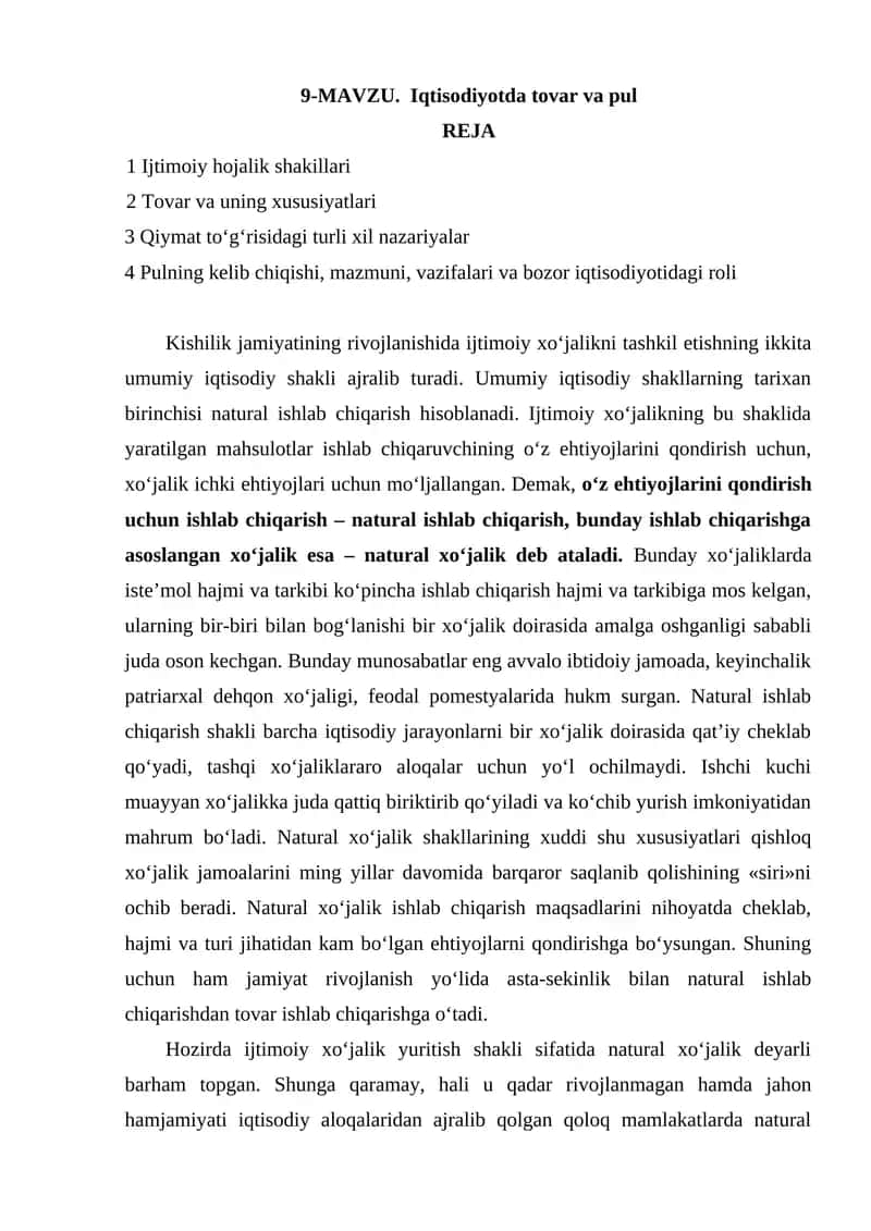 Iqtisodiyotda tovar va pul 1