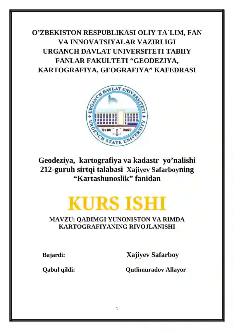 QADIMGI YUNONISTON VA RIMDA KARTOGRAFIYANING RIVOJLANISHI