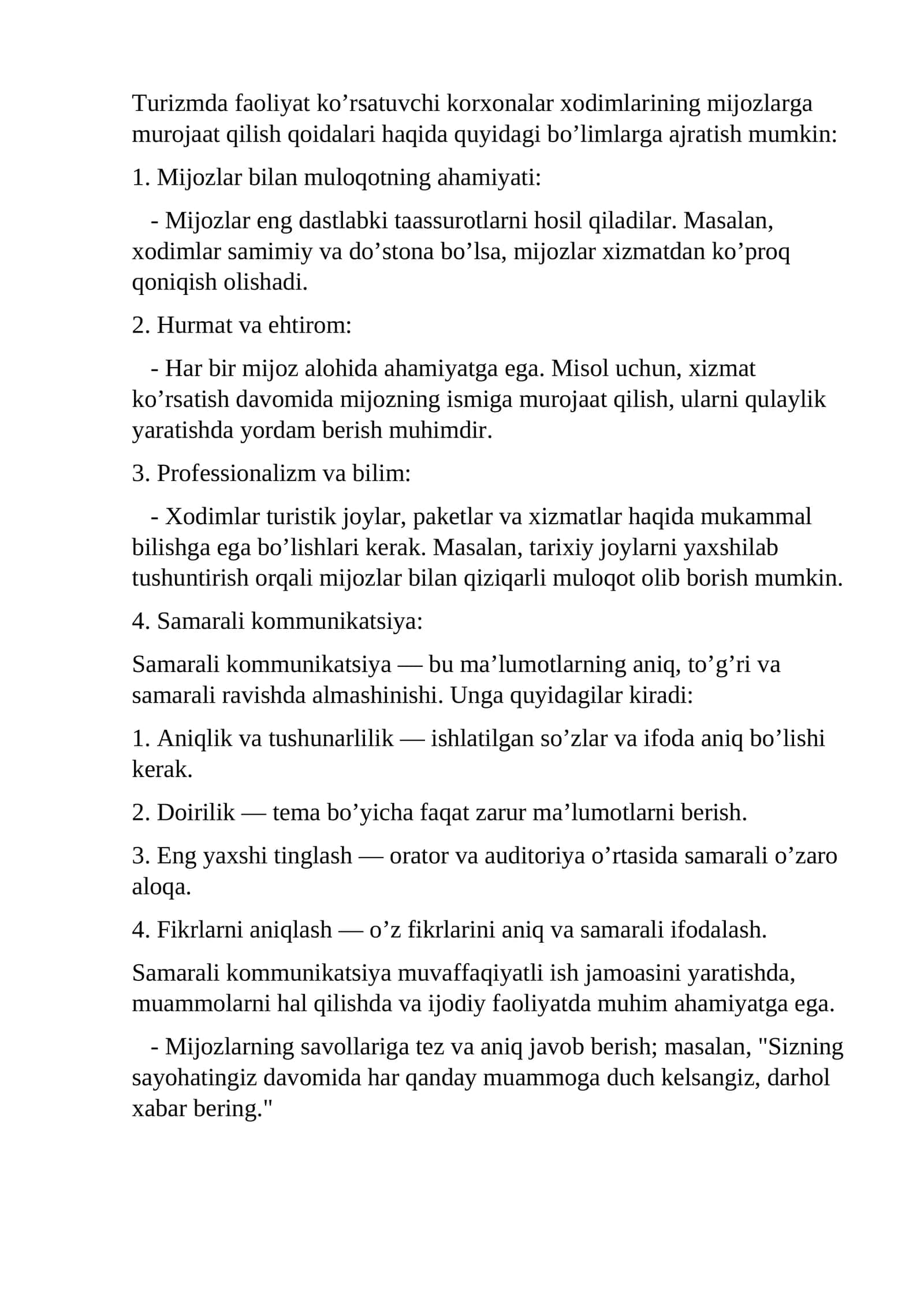 Turizm Korxonalar xodimlariga murojaat qilish qoidalari 1
