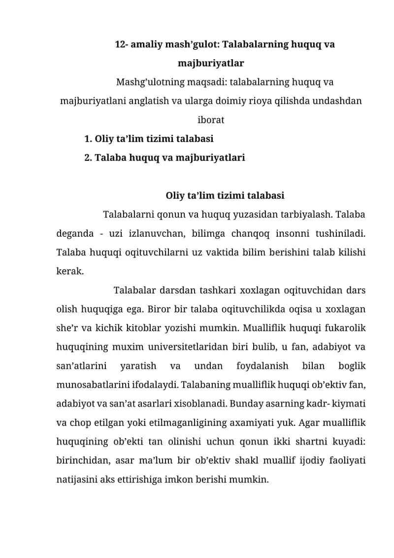 Mash’gulot: Talabalarning huquq va majburiyatlar 1