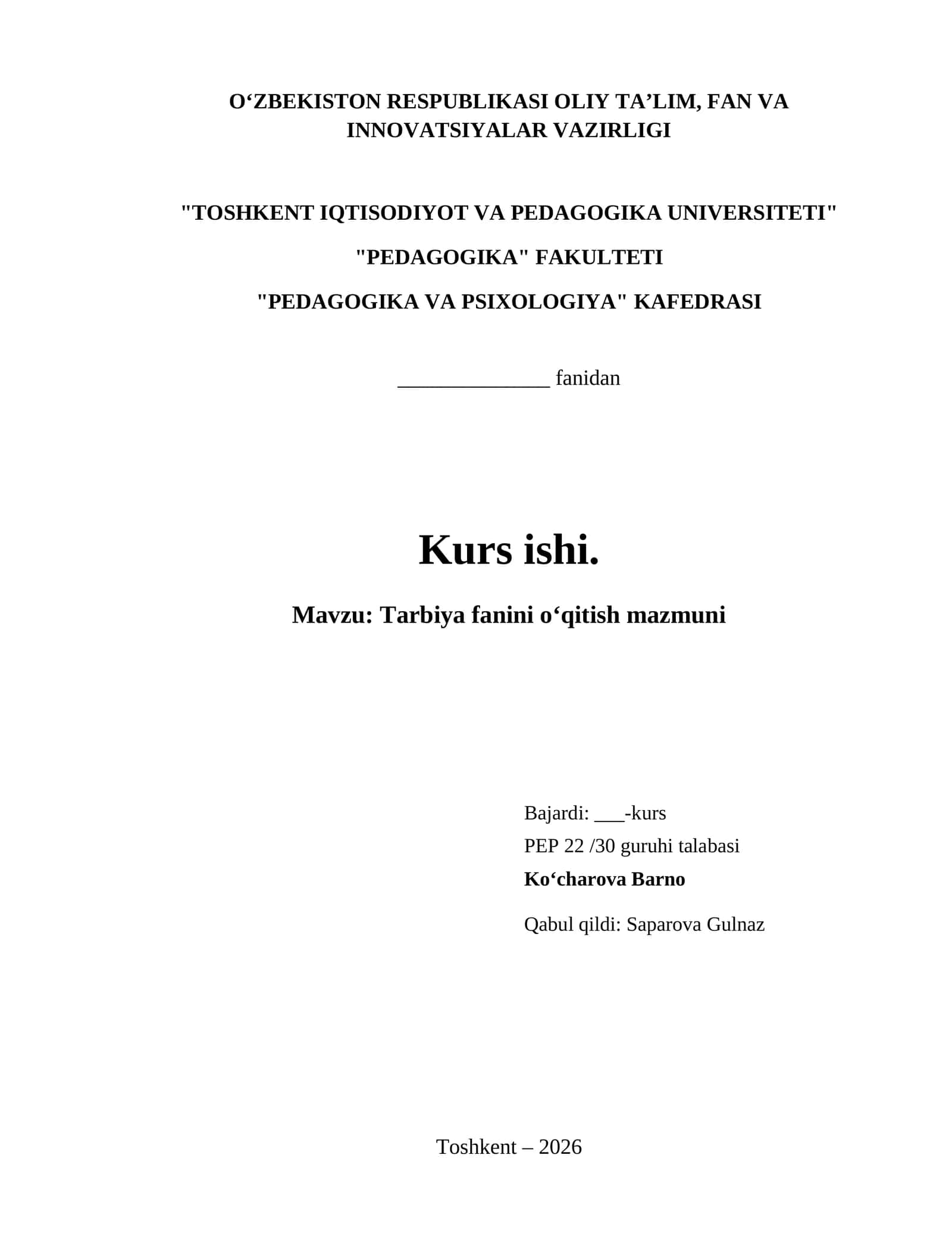 Tarbiya fanini oʻqitish mazmuni 1