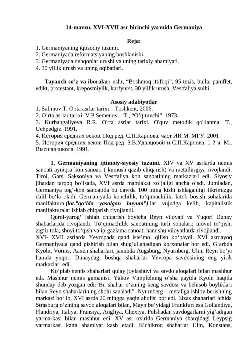 XVI-XVII asrl birinchi yarmida Germaniya 1