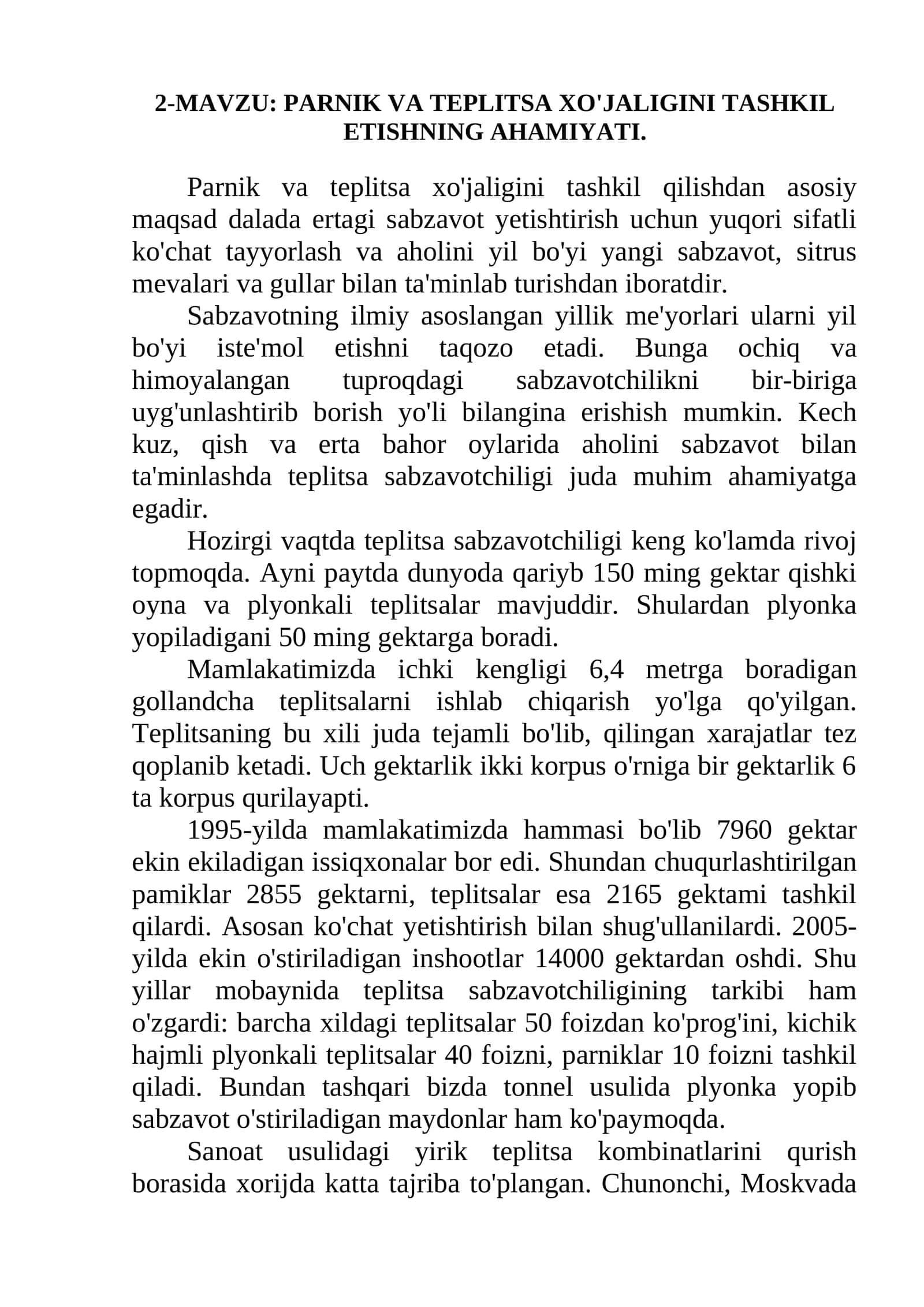 PARNIK VA TEPLITSA XO'JALIGINI TASHKIL ETISHNING AHAMIYATI 1