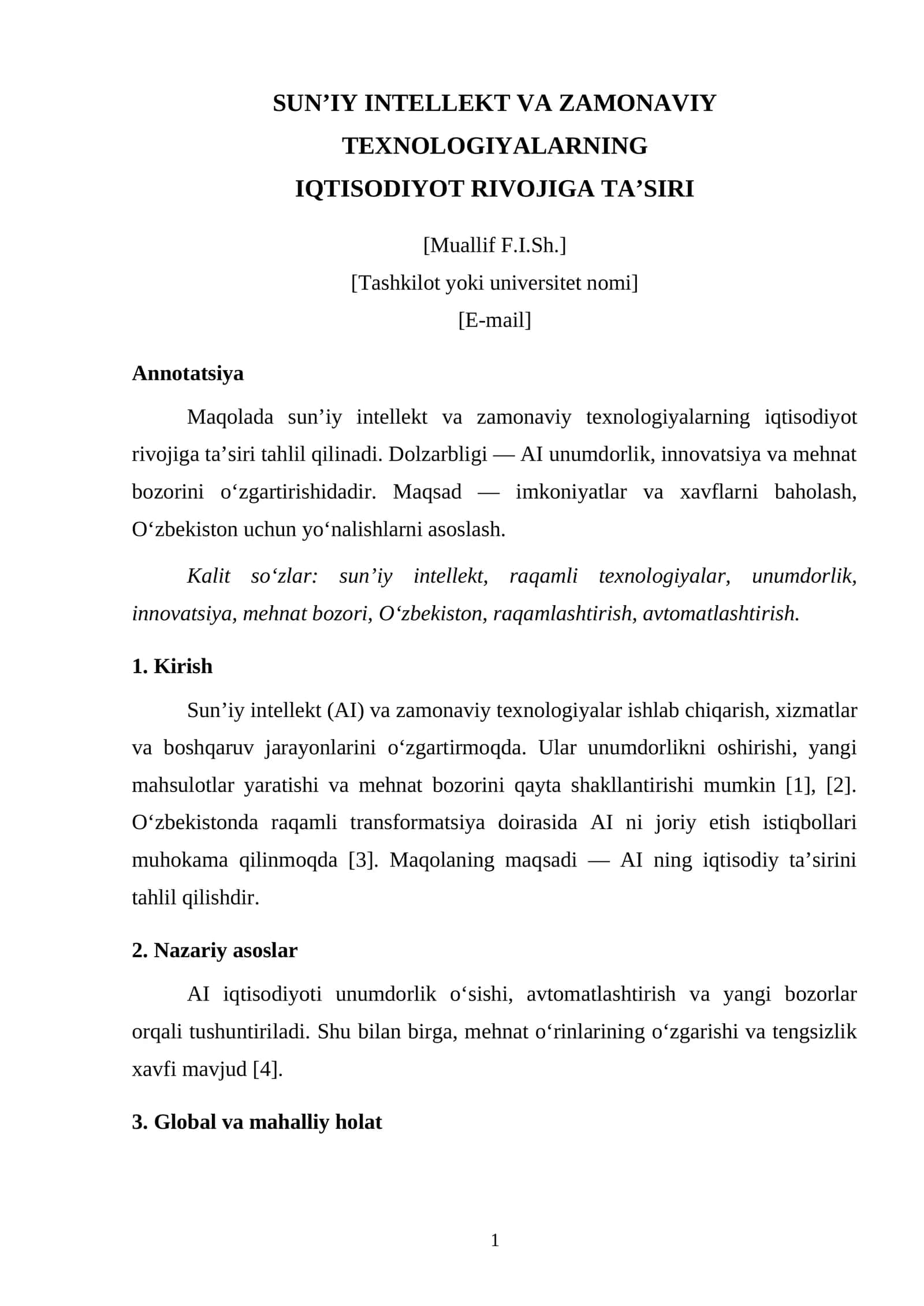 SUN’IY INTELLEKT VA ZAMONAVIY TEXNOLOGIYALARNING IQTISODIYOT RIVOJIGA TA’SIRI 1
