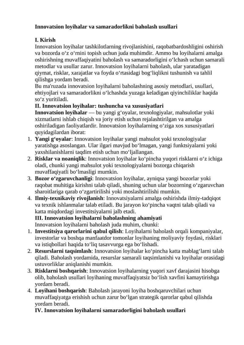 Innovatsion loyihalar va samaradorlikni baholash usullari 1