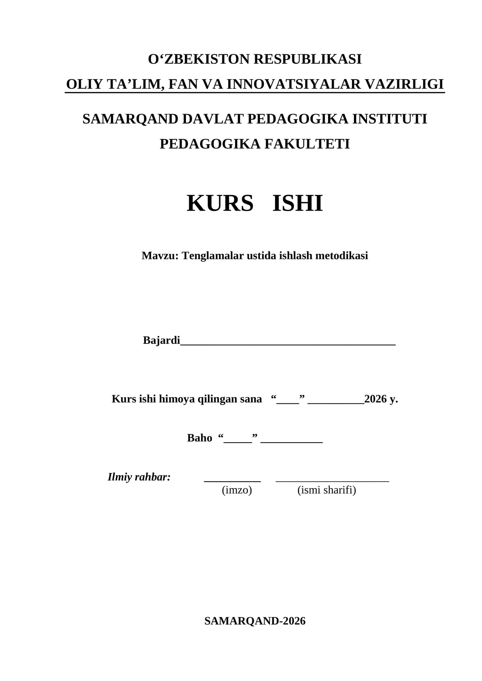 Tenglamalar ustida ishlash metodikasi kurs ishi 1